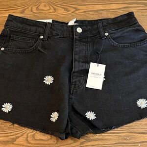 Forever 21 Black Shorts with White Daisy Embroidery